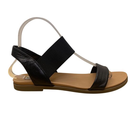 Steve Madden Women’s Black Elastic Strap Faux Leather Flat Sandals Size 7.5M - Picture 1 of 9